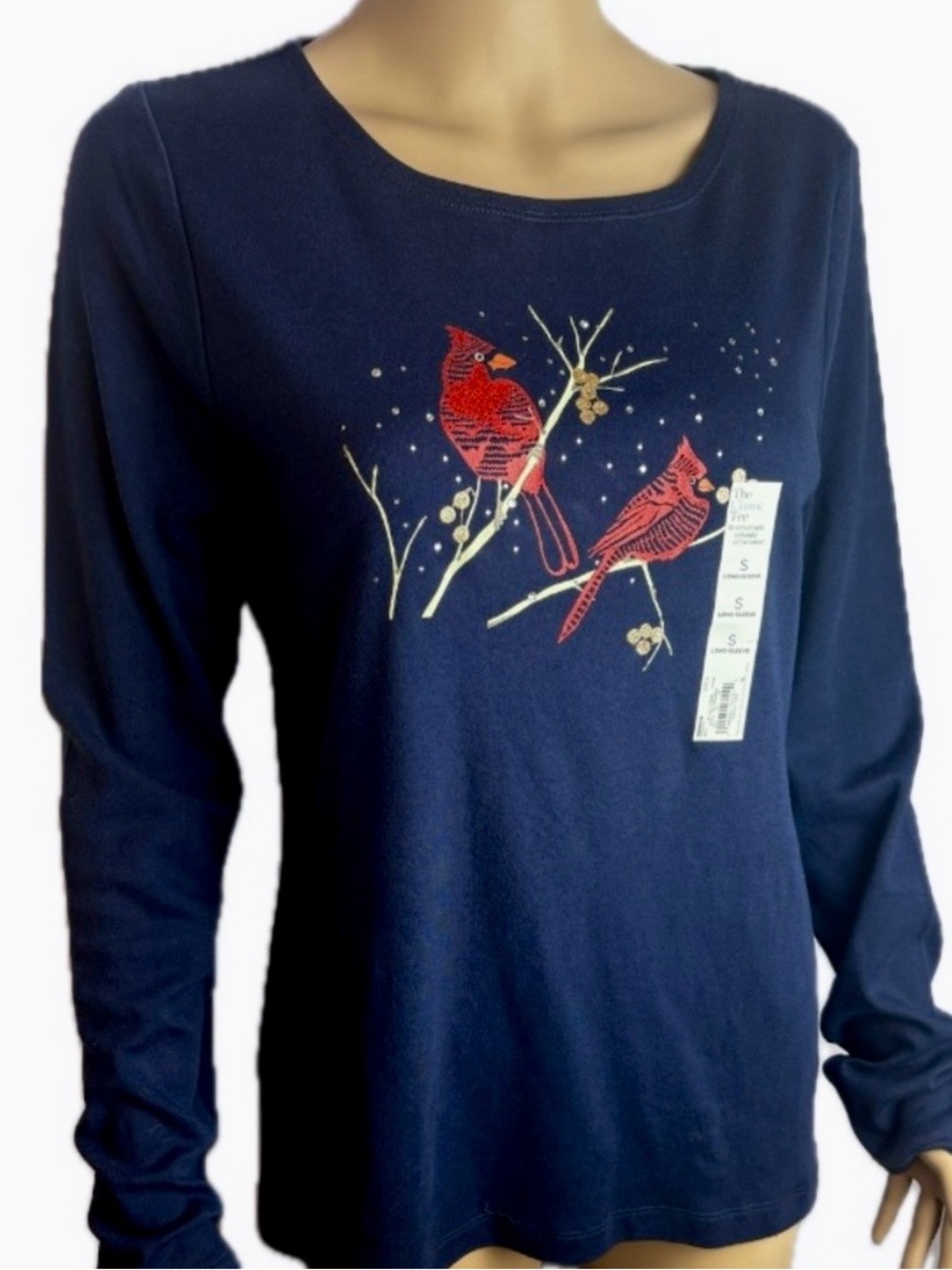 Croft & Barrow Navy Long Sleeve with Red Cardinal Design Christmas Flair